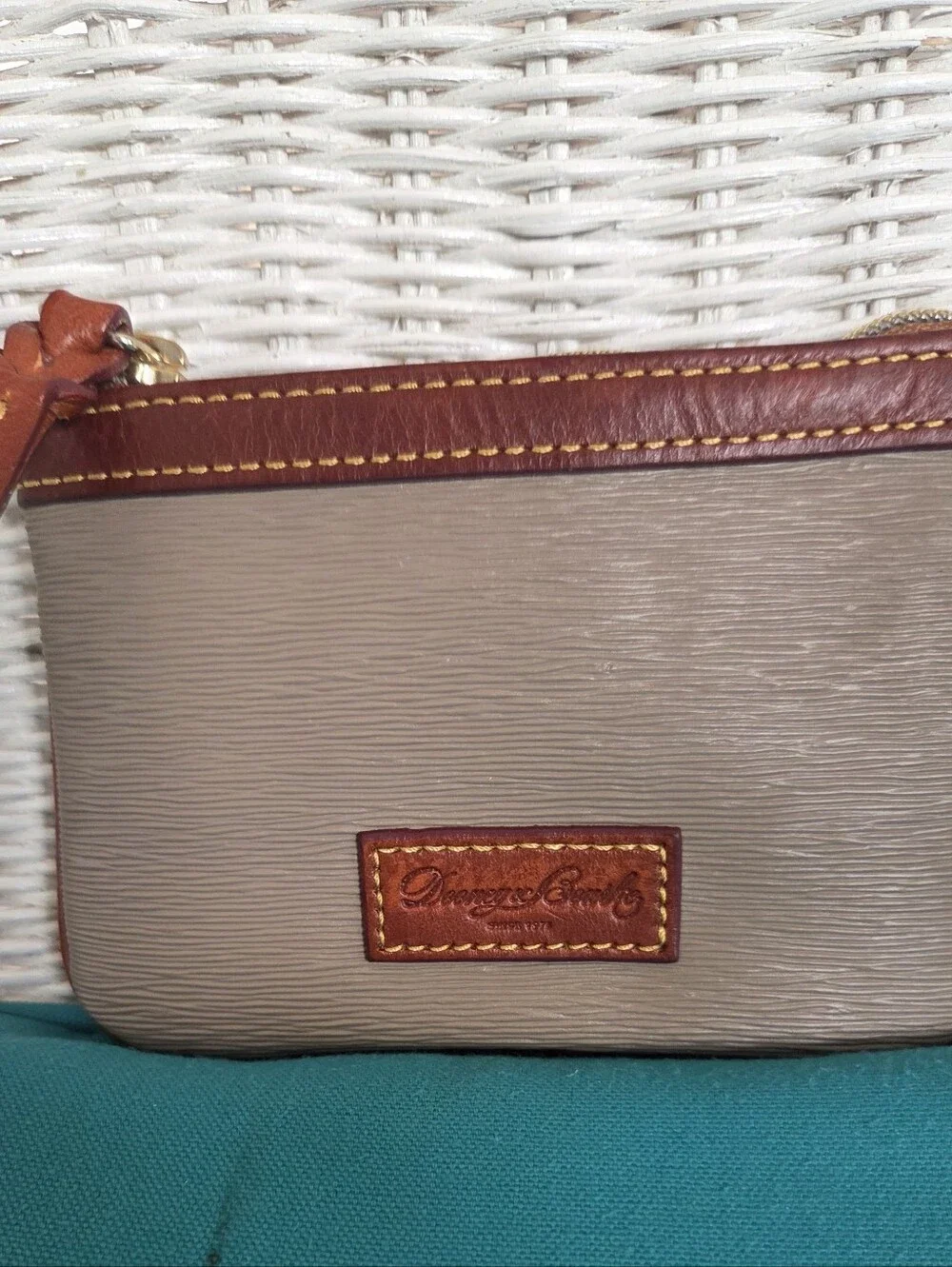 Dooney & Bourke Grey Clutch with Brown Leather Trim Wristlet, Key Ring